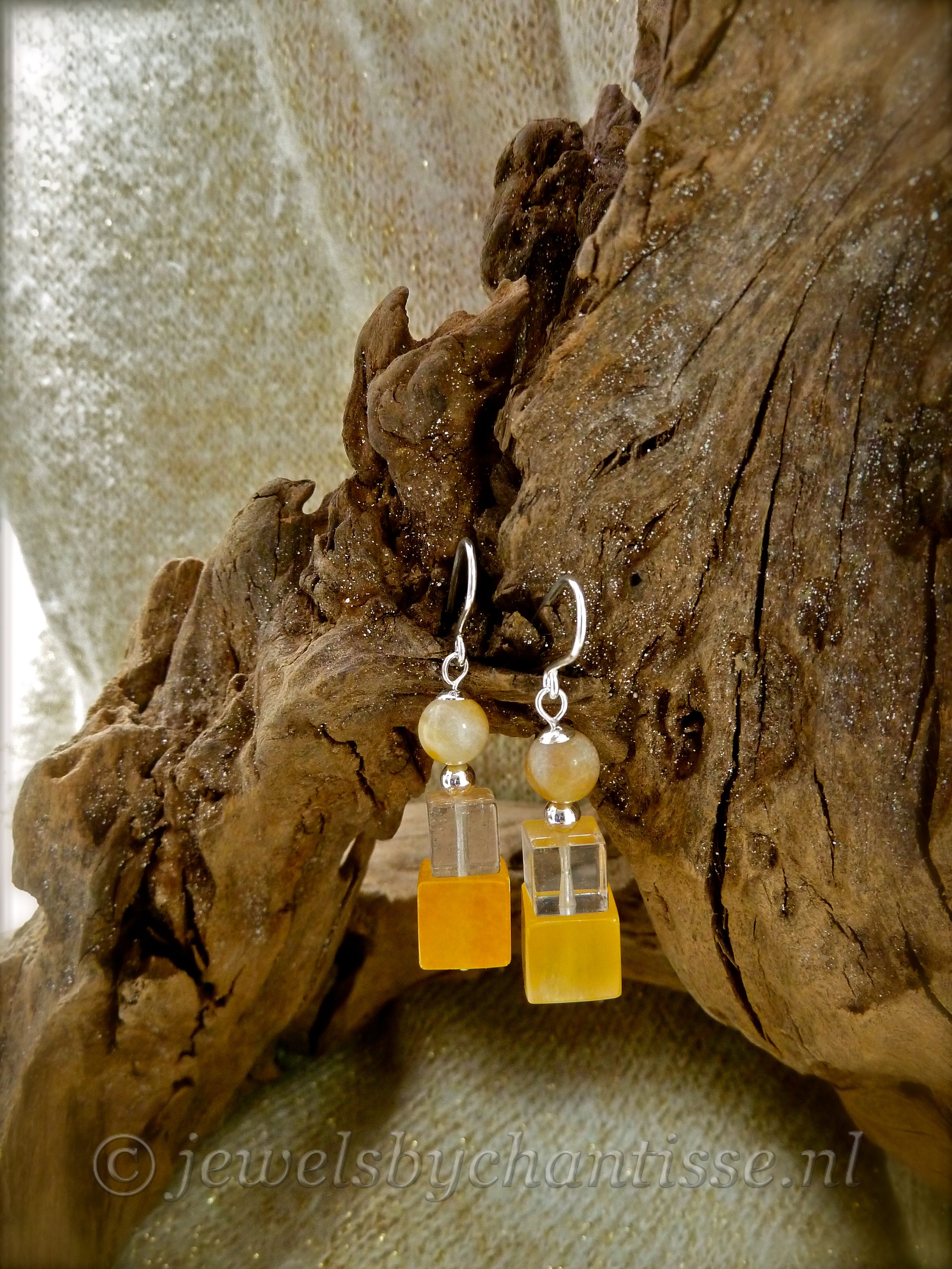 Zilveren Oorbellen met Calciet en Rookkwarts