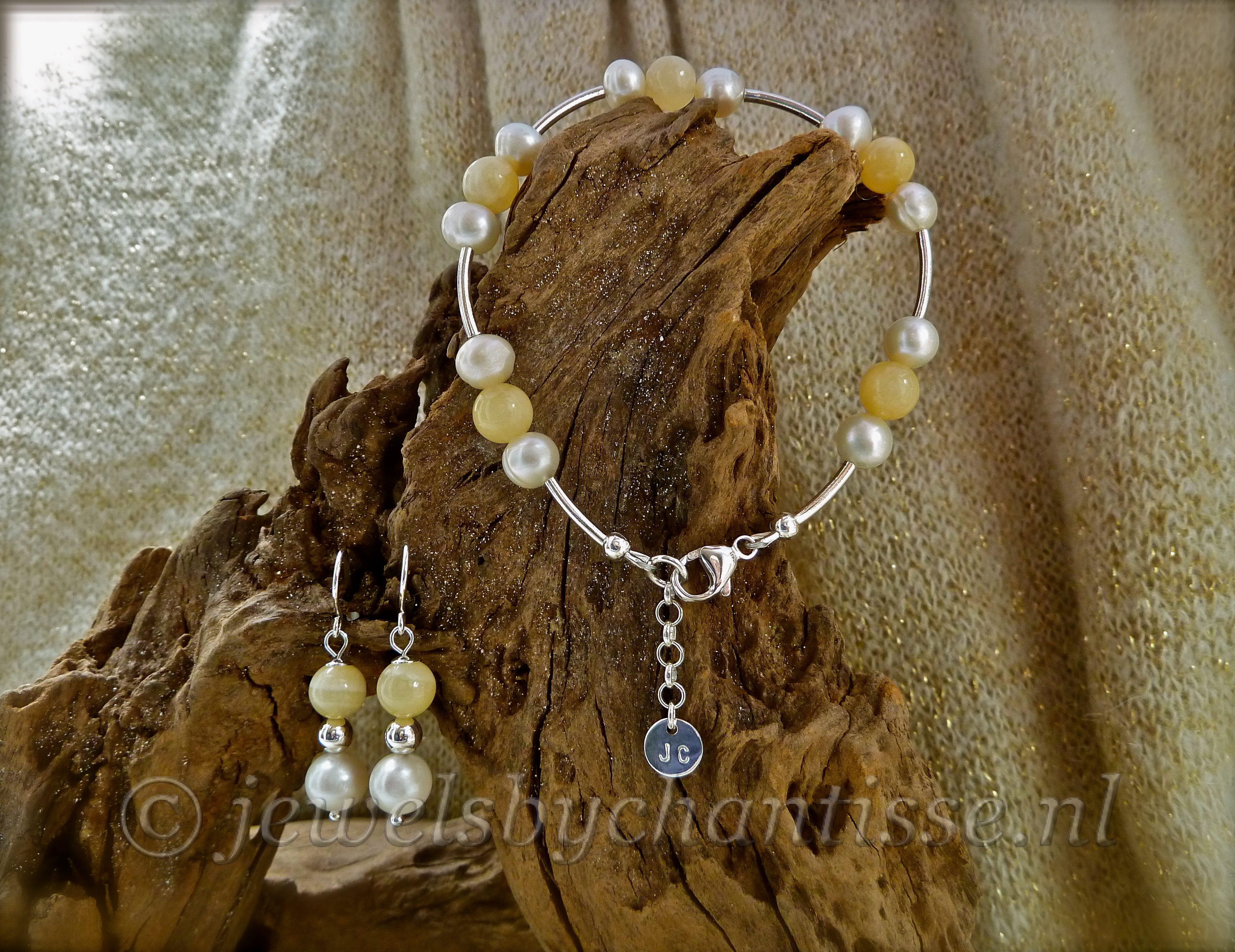 Zilveren Armband met Parels en Calciet 2 Zilveren Armband met Parels en Calciet