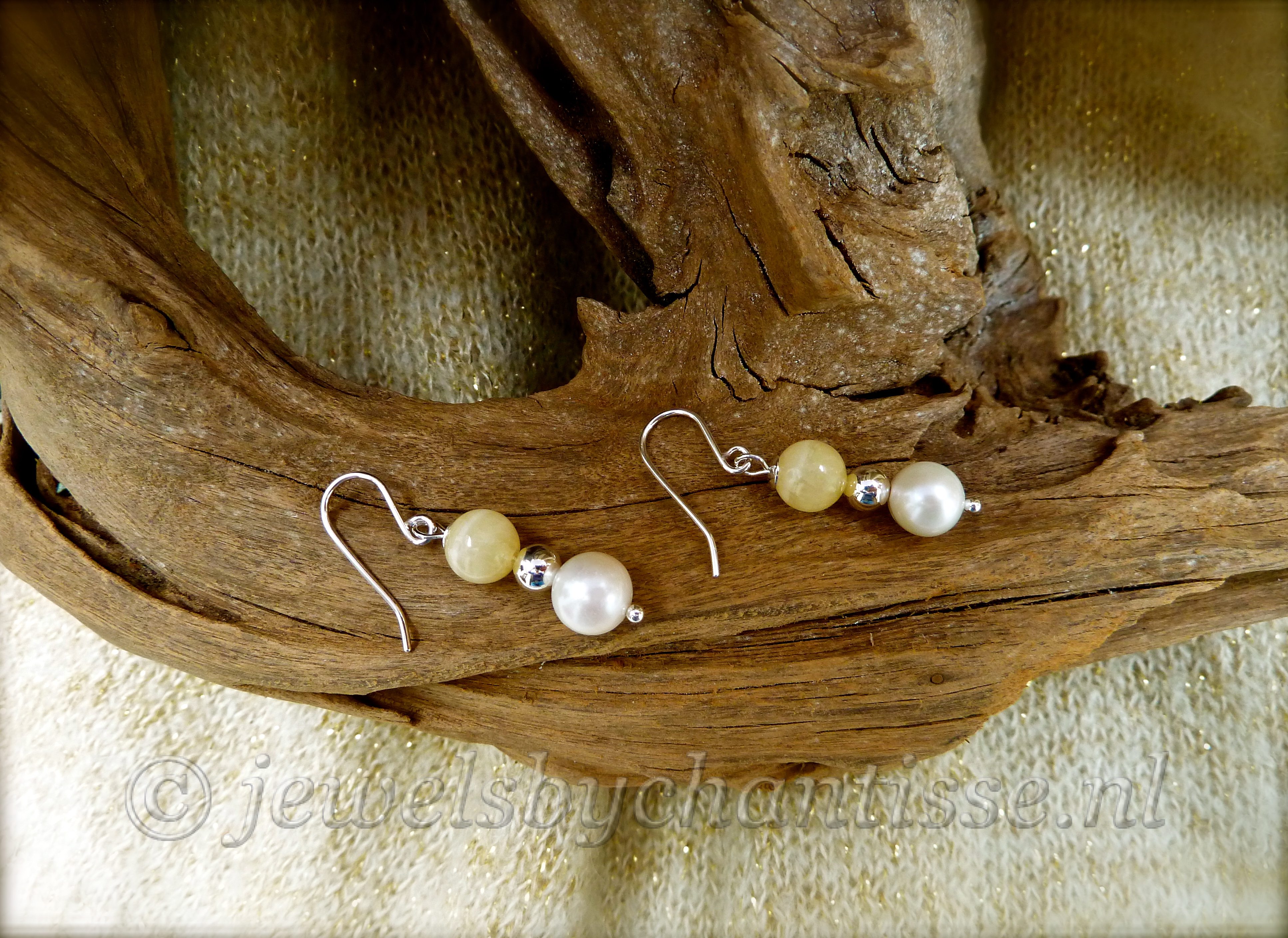 Ziveren Oorbellen met Parels en Calciet