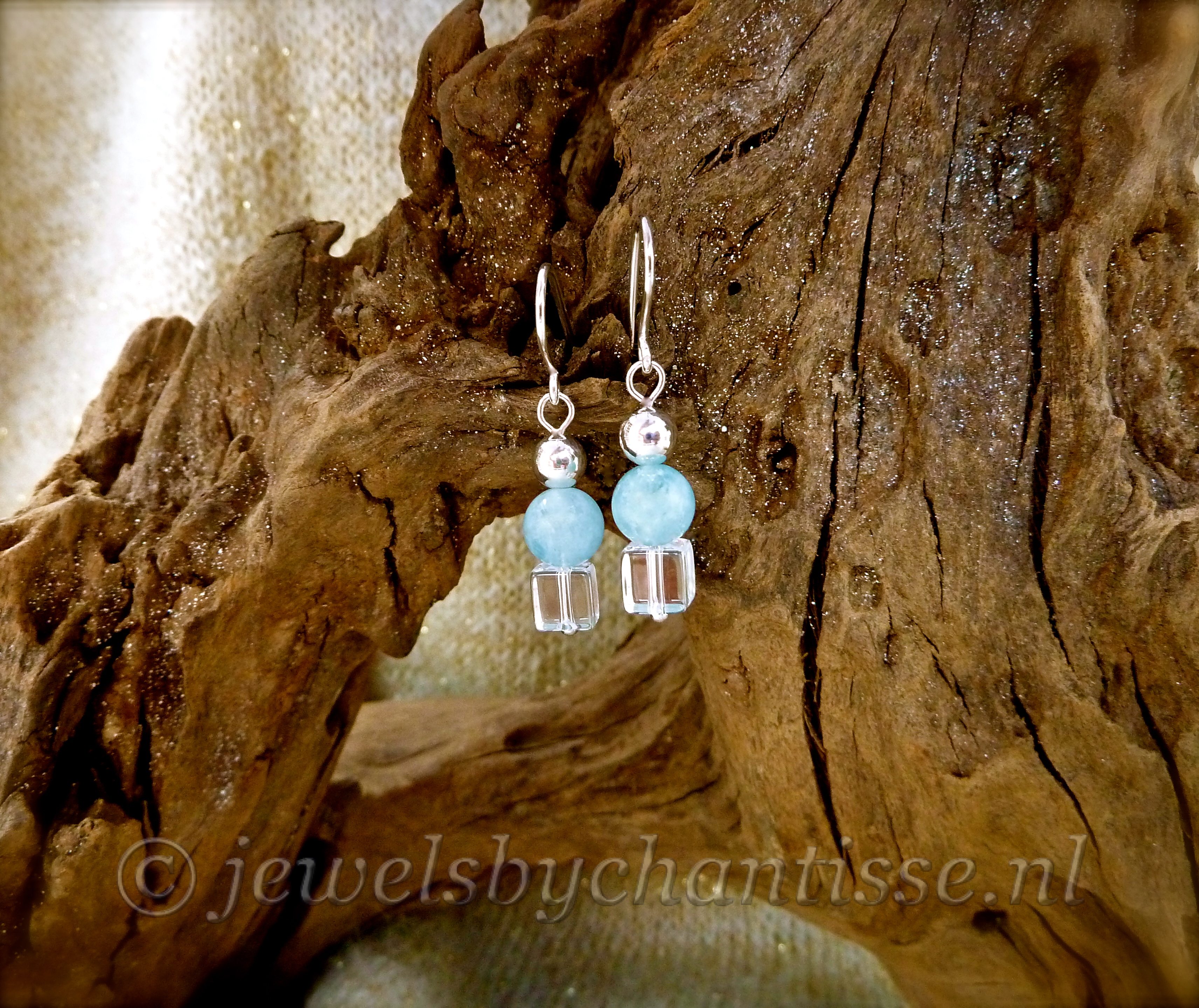 Zilveren Oorbellen met Aquamarijn en Bergkristal