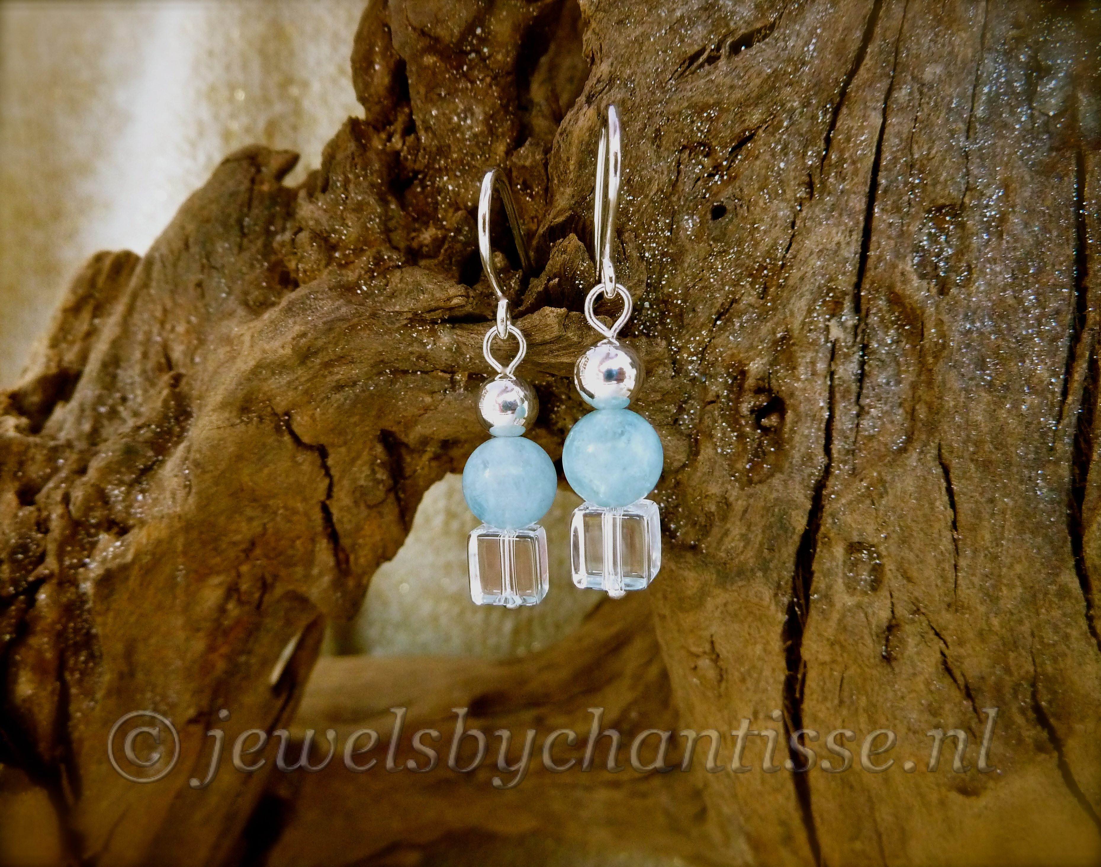 Zilveren Oorbellen met Aquamarijn en Bergkristal