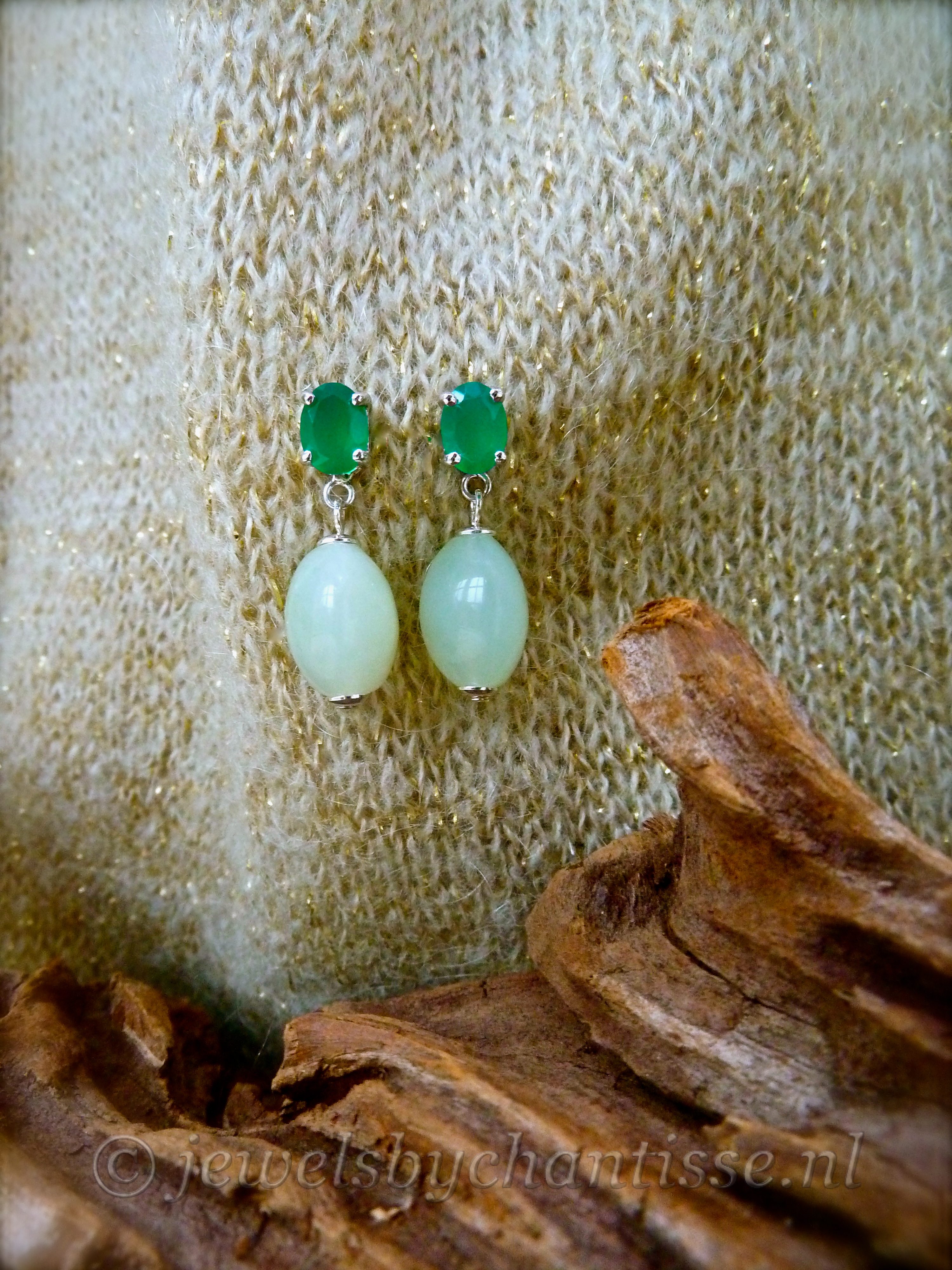 Zilveren Verwisselbare Groene Onyx Oorstekers