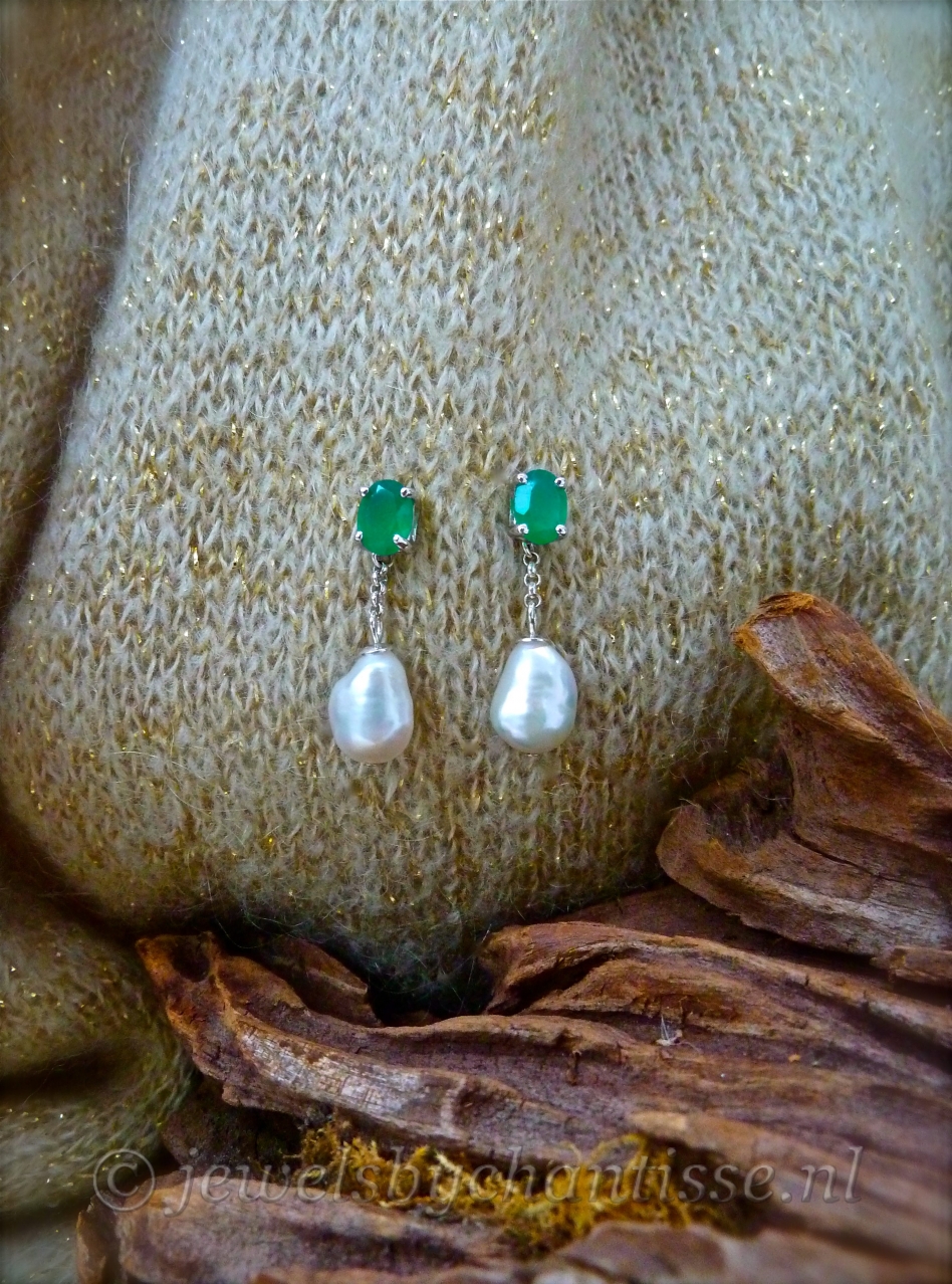 Zilveren Groene Onyx met Barokparels 3 Zilveren Groene Onyx met Barokparels