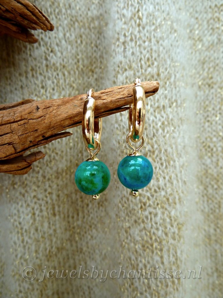 Gouden Creolen met Chrysocolla 2 Gouden Creolen met Chrysocolla