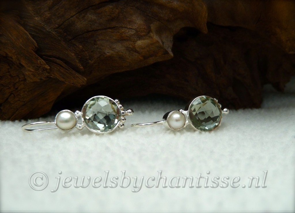 Zilveren Oorbellen met Prasioliet en Parels