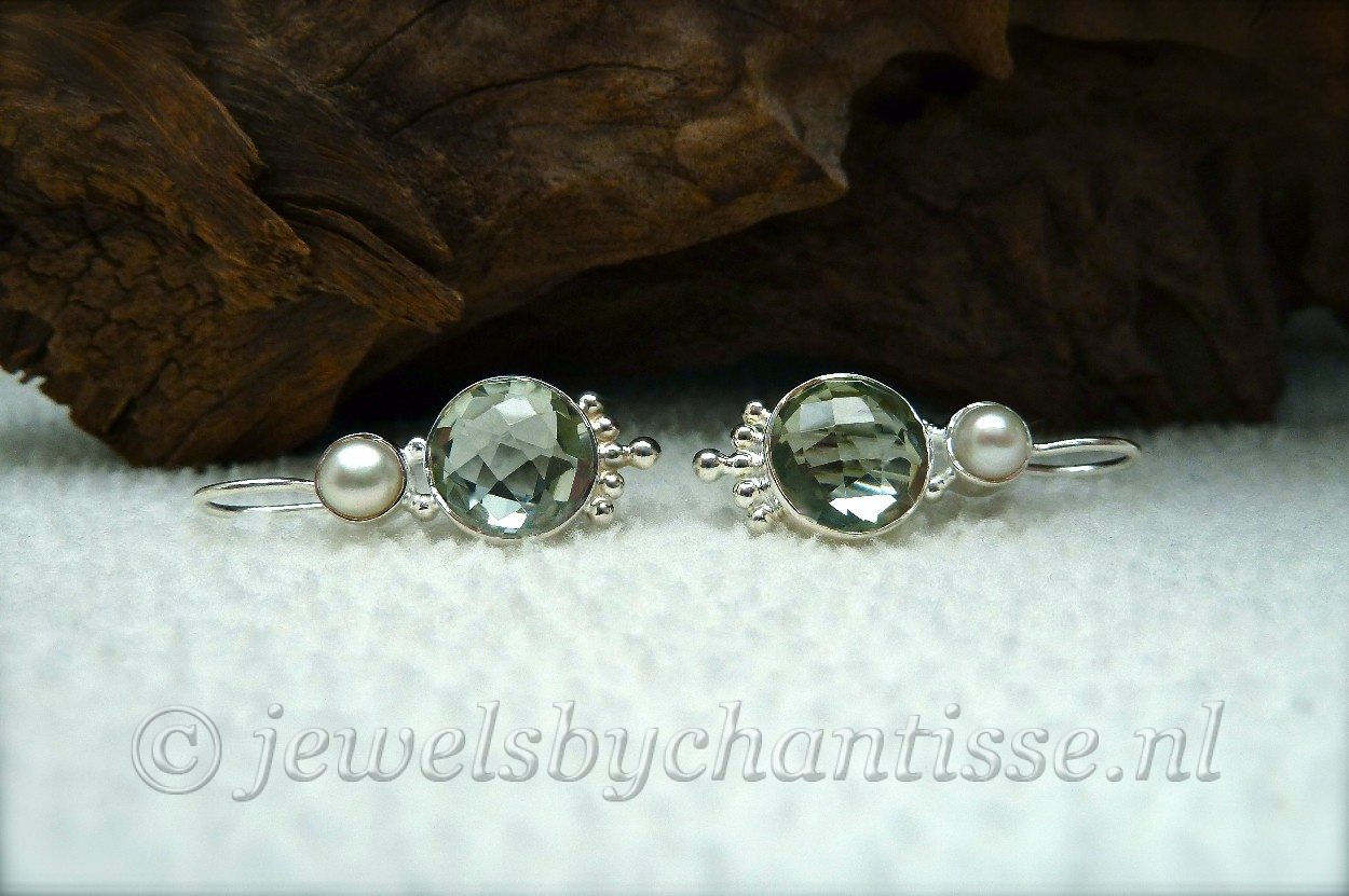 Zilveren Oorbellen met Prasioliet en Parels