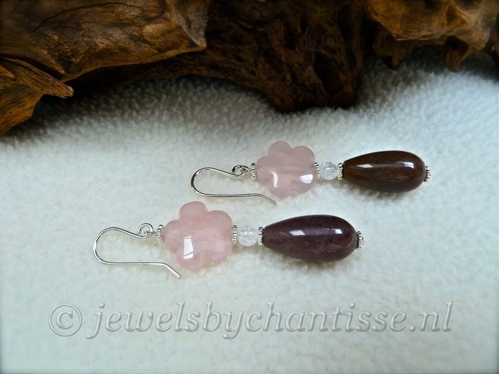 Zilveren Oorbellen met Rozenkwarts en Agaat