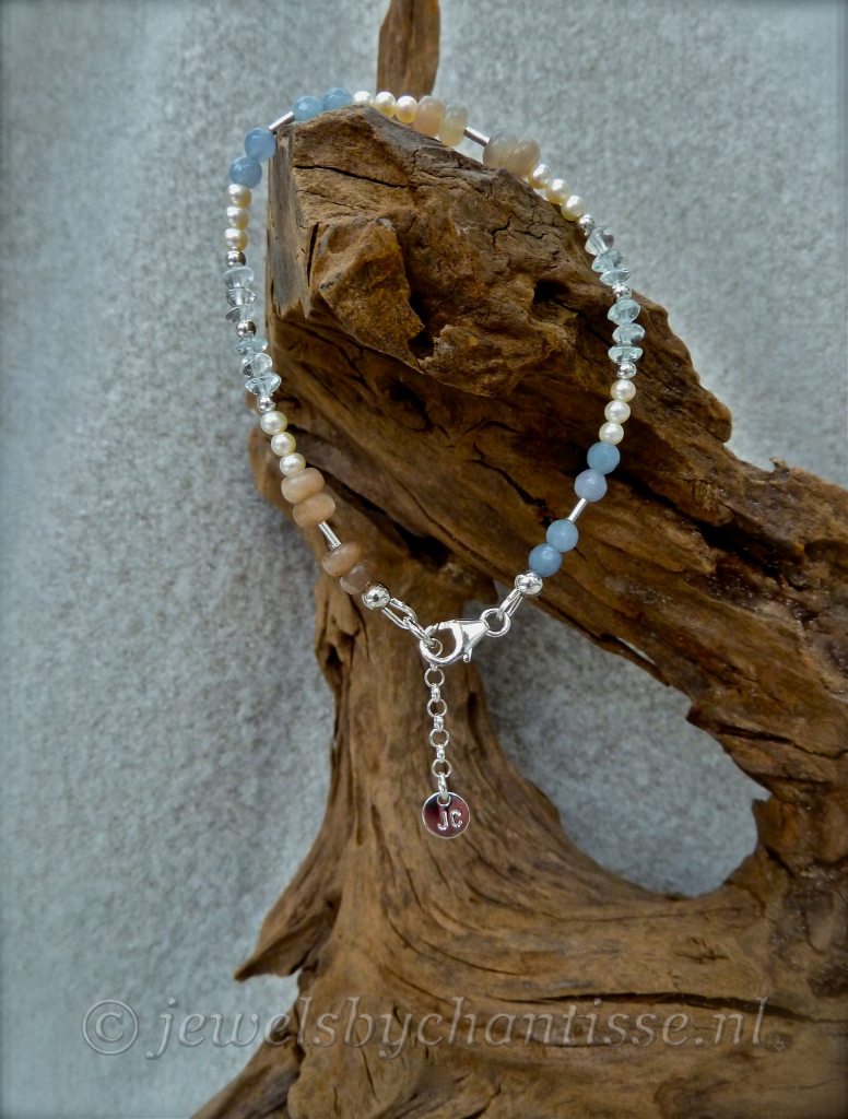 Zilveren Armband met Maansteen, Aquamarijn, Agaat en Parels 3 Zilveren Armband met Maansteen, Aquamarijn, Agaat en Parels