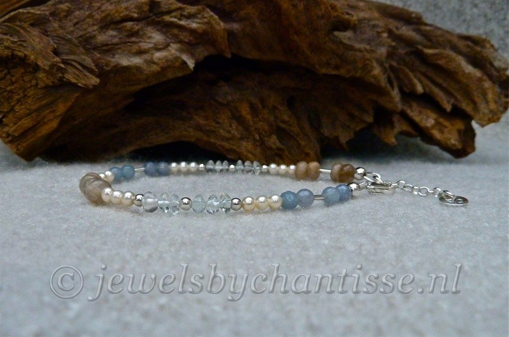 Zilveren Armband met Maansteen, Aquamarijn, Agaat en Parels 4 Zilveren Armband met Maansteen, Aquamarijn, Agaat en Parels