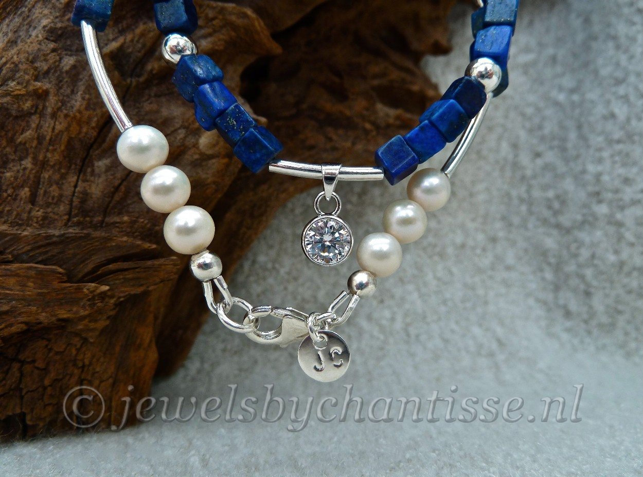 Zilveren Parelcollier met Lapis Lazuli 7 Zilveren Parelcollier met Lapis Lazuli