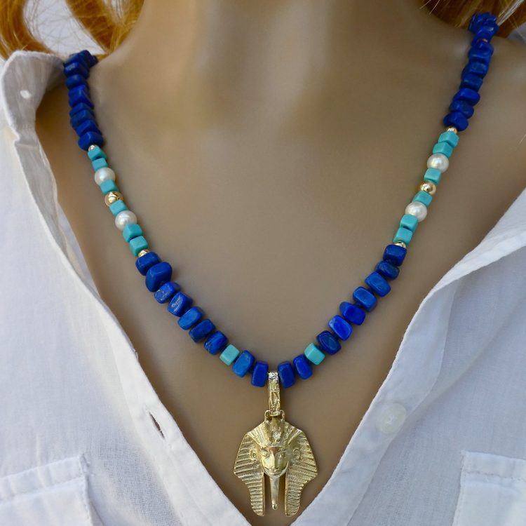 Gouden Lapis Lazuli Ketting met Faraohanger
