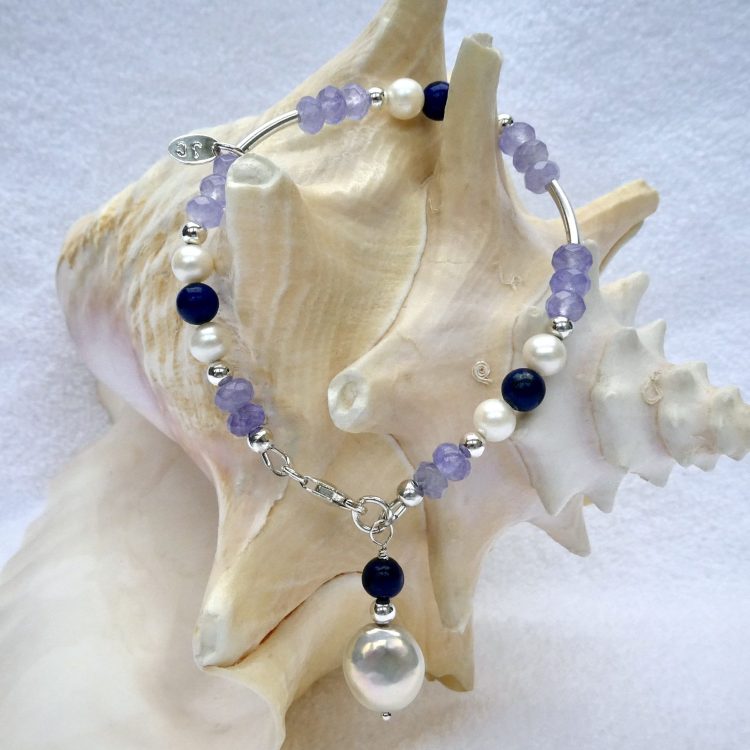 Zilveren Lila Agaat Armband met Parels en Lapis Lazuli
